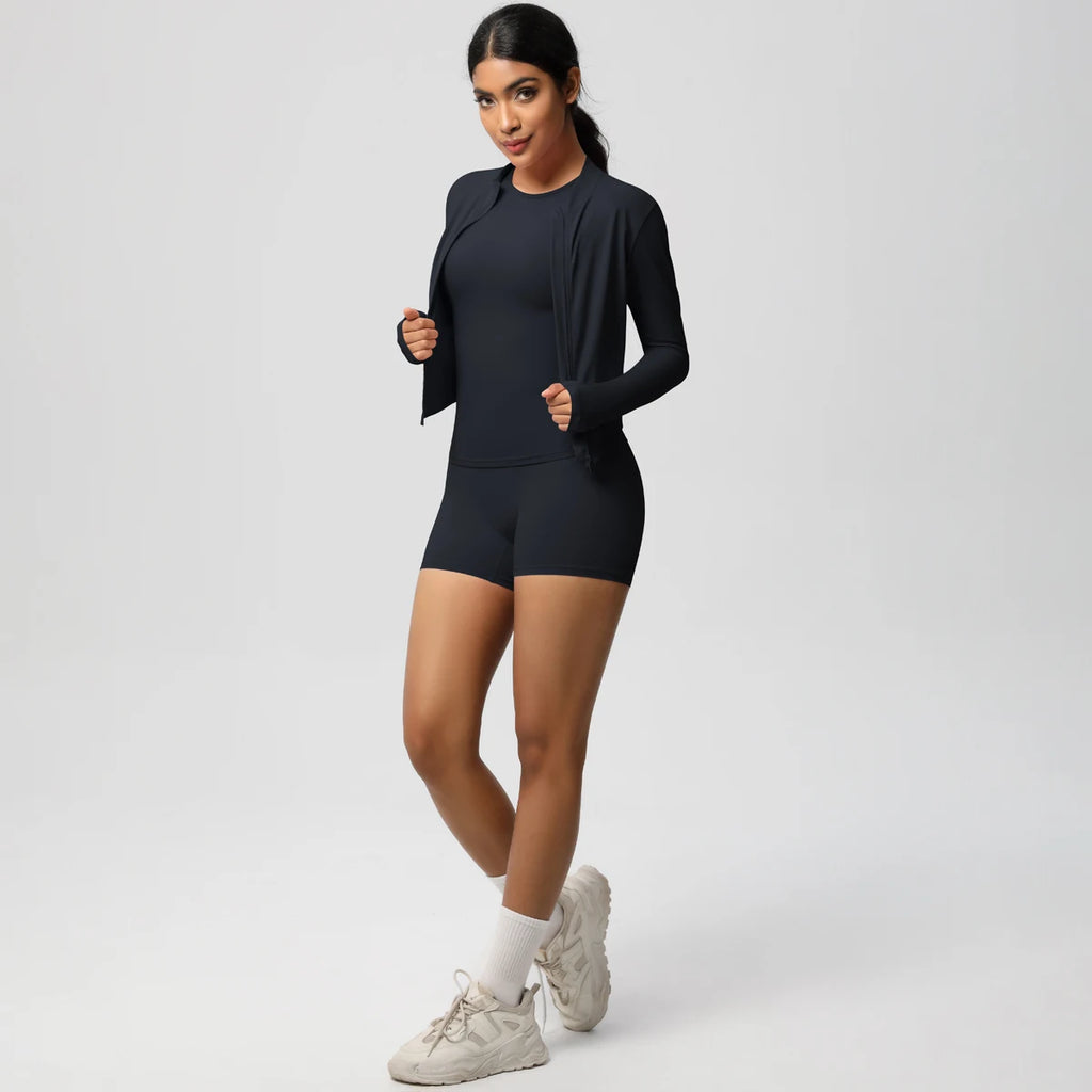 3PCS/set Sports Fitness Clothing Yoga Set Sports Running Long Sleeves Zipper Jacket High Waist Quick-Dry Shorts Gym Yoga Set