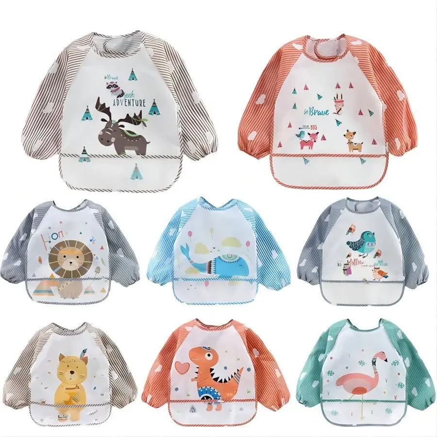 For1-3Year Baby Long Sleeve Scarf Waterproof Toddler Art Smock Feeding Bib Apron Pocket Infant Boys Girls Burp Cloth Banana Bibs