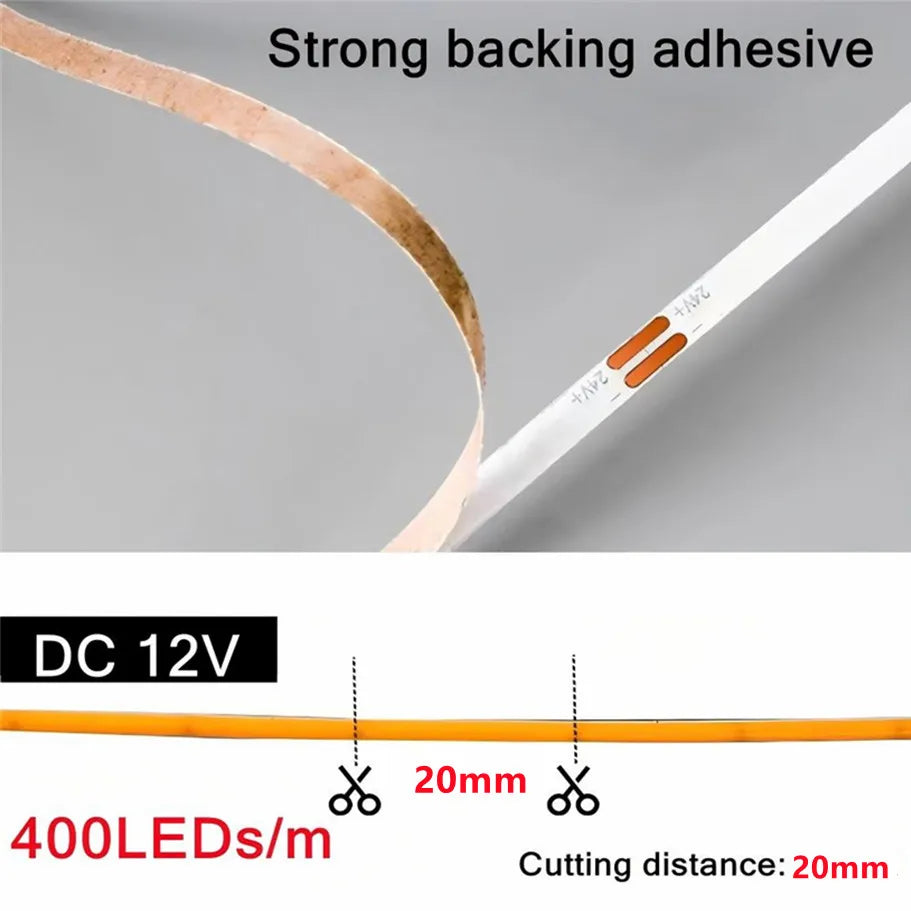3mm Ultra Thin 12V Colorful COB LED Strip Dimmable 3000K 4000K 6000K High Density Flexible Light 400LEDs For DIY Home Decor Lamp