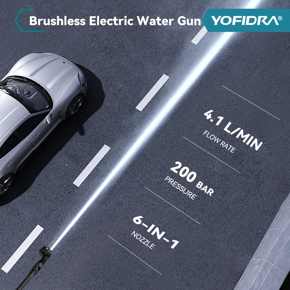 YOFIDRA 200Bar Brushless Electric High Pressure Washer Water Gun 6IN1 Cordless Car Washer Cleaning Garden For Makita Battery Pin