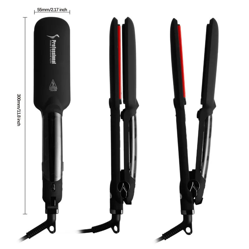 Professional Steam Hair Straightener Infrared Care Ceramic Coated 2 Inch Wide Plates for Salon Straightening Styling