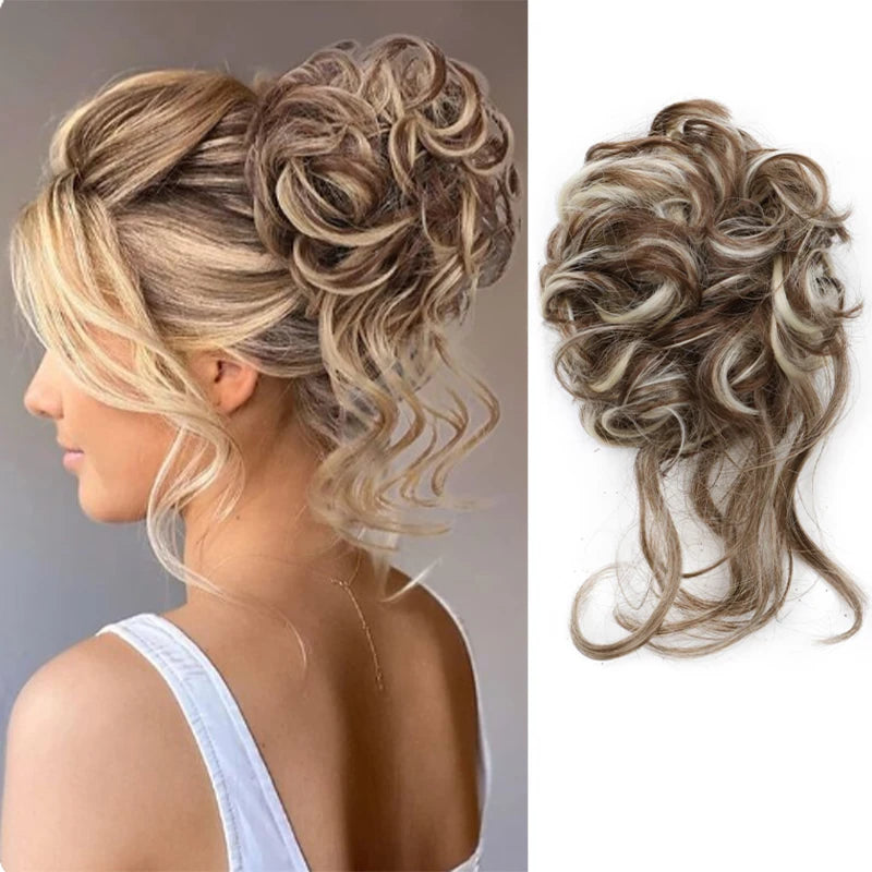 Synthetic Elegant Messy Curly Elastic Rubber Band Hair Bun Fluffy Easy to Style Suitable for Daily Use\'\[]\