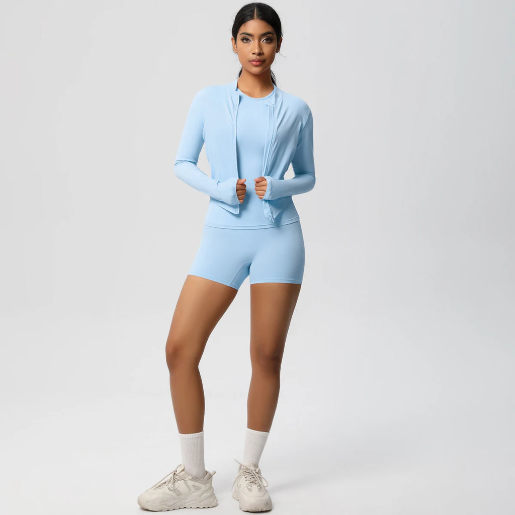 3PCS/set Sports Fitness Clothing Yoga Set Sports Running Long Sleeves Zipper Jacket High Waist Quick-Dry Shorts Gym Yoga Set