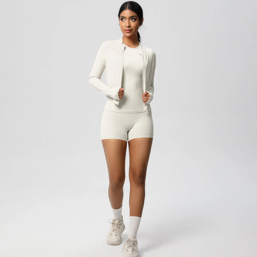 3PCS/set Sports Fitness Clothing Yoga Set Sports Running Long Sleeves Zipper Jacket High Waist Quick-Dry Shorts Gym Yoga Set