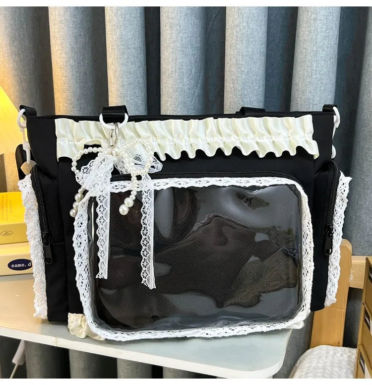 Y2K Sweet Ita Bag for Women Transparent Crossbody Shoulder Bag Large Capacity Lace Tote Bag Cute DIY Display Handbag