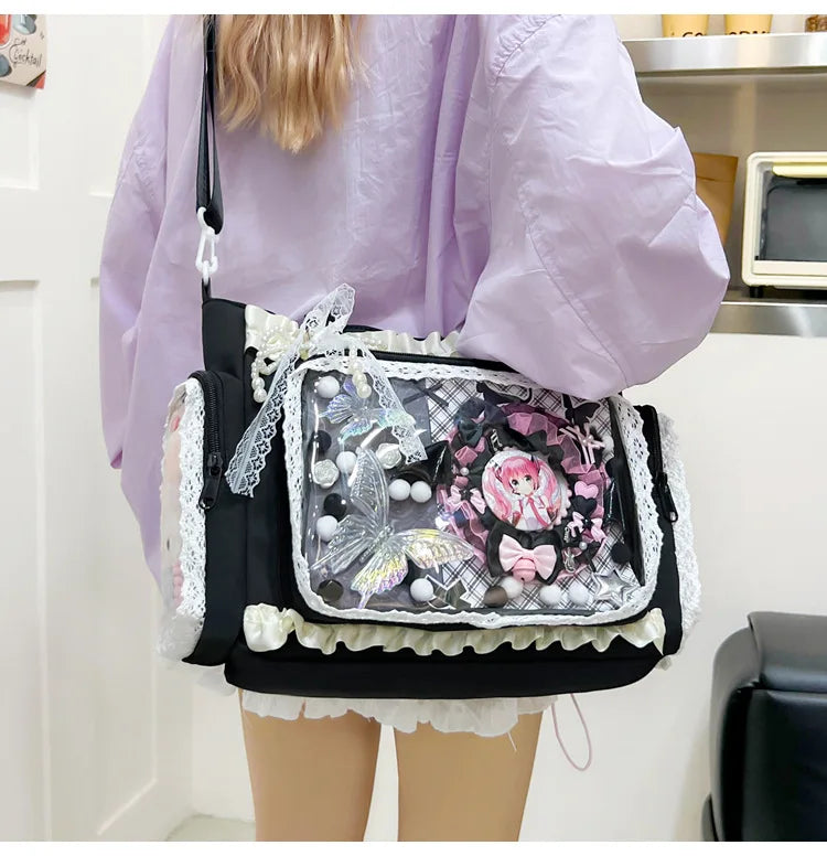 Y2K Sweet Ita Bag for Women Transparent Crossbody Shoulder Bag Large Capacity Lace Tote Bag Cute DIY Display Handbag