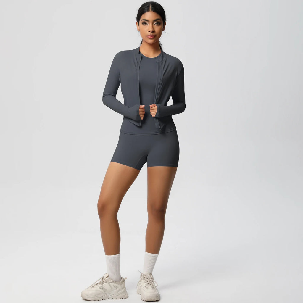 3PCS/set Sports Fitness Clothing Yoga Set Sports Running Long Sleeves Zipper Jacket High Waist Quick-Dry Shorts Gym Yoga Set