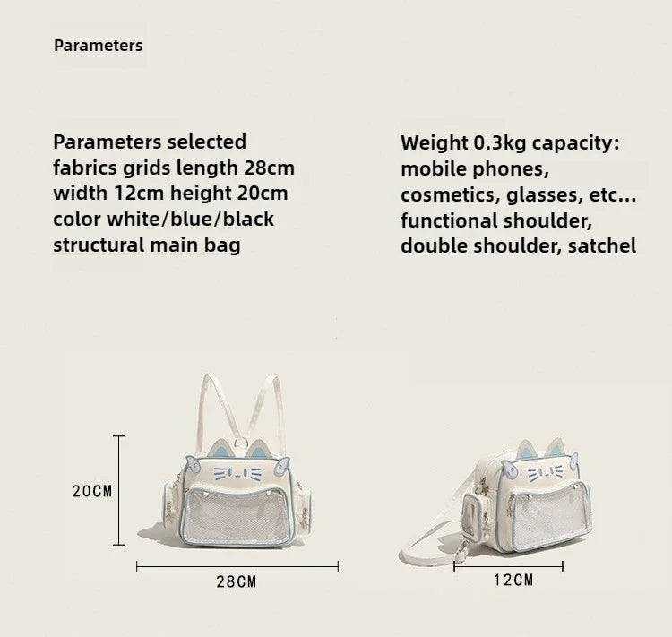 Women's Fashion Backpacks Y2K Korean Japan Kawaii Cat Ita Bag PU Cute Girls Transparent Pocket Aesthetic Shoulder Crossbody Bags