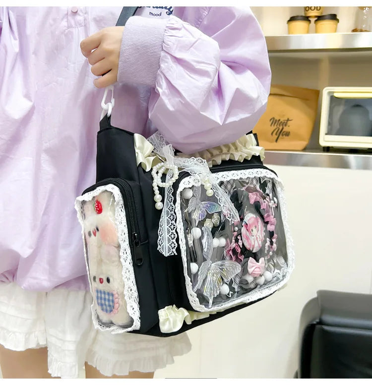 Y2K Sweet Ita Bag for Women Transparent Crossbody Shoulder Bag Large Capacity Lace Tote Bag Cute DIY Display Handbag