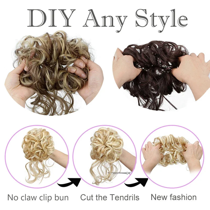 Synthetic Elegant Messy Curly Elastic Rubber Band Hair Bun Fluffy Easy to Style Suitable for Daily Use\'\[]\