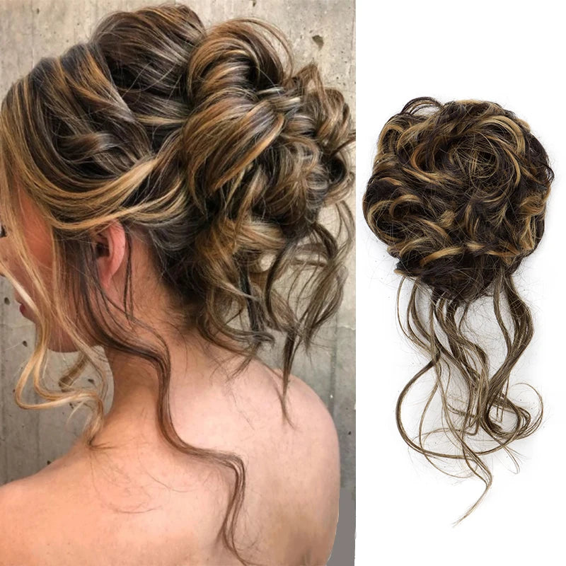 Synthetic Elegant Messy Curly Elastic Rubber Band Hair Bun Fluffy Easy to Style Suitable for Daily Use\'\[]\