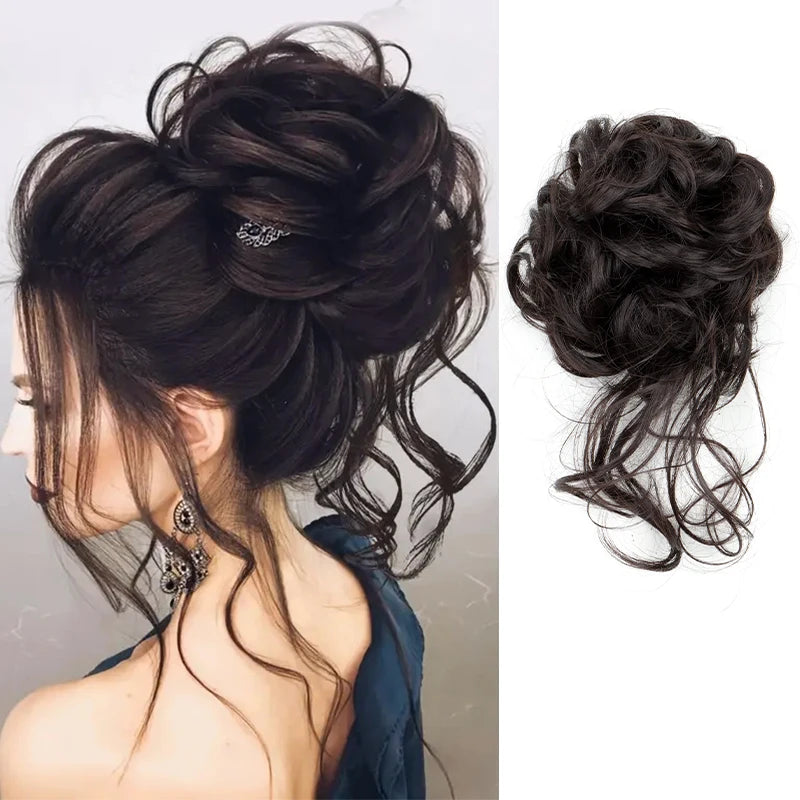Synthetic Elegant Messy Curly Elastic Rubber Band Hair Bun Fluffy Easy to Style Suitable for Daily Use\'\[]\