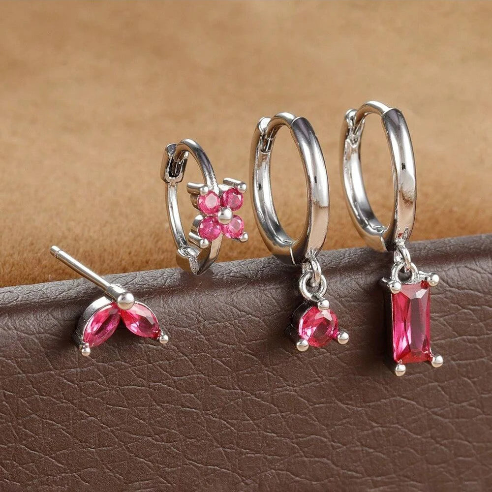4pcs Fashion Cubic Zirconia Flower Hoop Earrings Set 18K Gold Plated Stainless Steel Stud Earring Piercing Jewelry aretes mujer