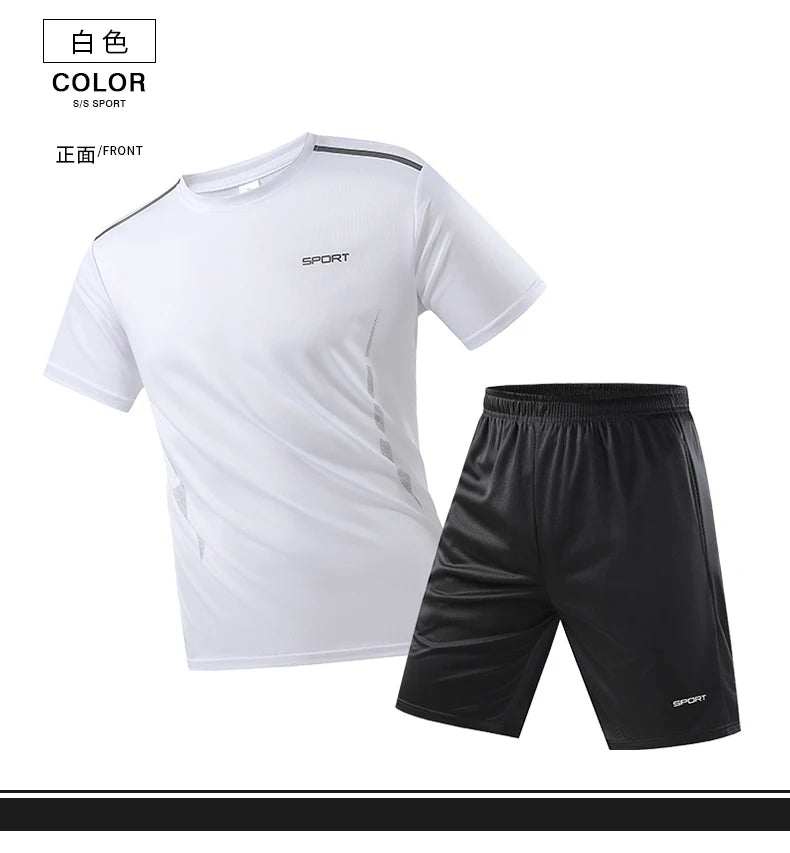 Mens Fitness Tracksuit Set Summer Casual Sporting Male Quick-Drying Short-Sleeved Tops+Shorts Sweatsuit 2 Piece Set Track Suit