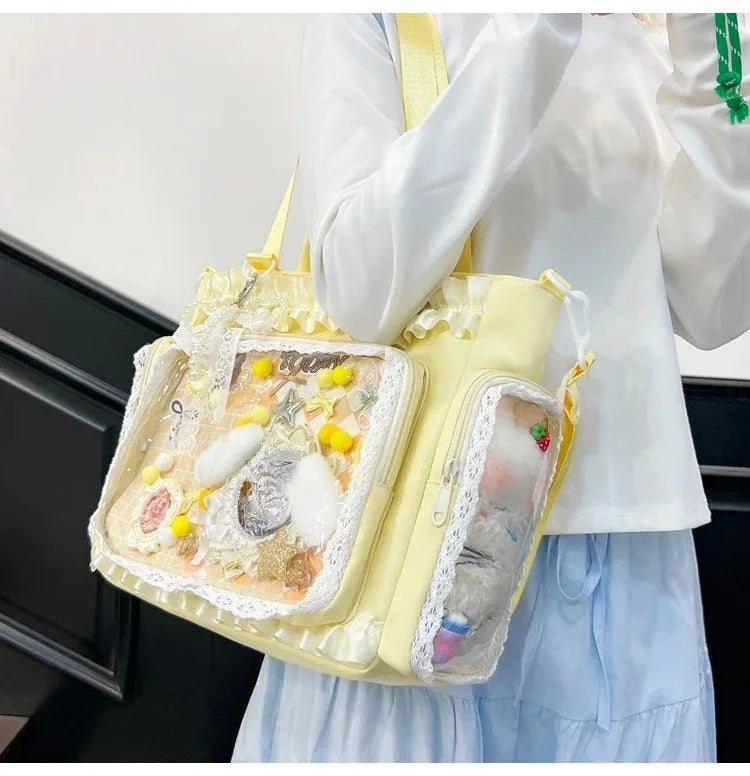 Y2K Sweet Ita Bag for Women Transparent Crossbody Shoulder Bag Large Capacity Lace Tote Bag Cute DIY Display Handbag