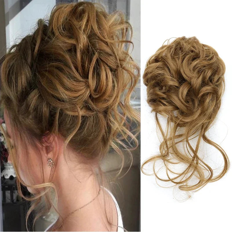 Synthetic Elegant Messy Curly Elastic Rubber Band Hair Bun Fluffy Easy to Style Suitable for Daily Use\'\[]\