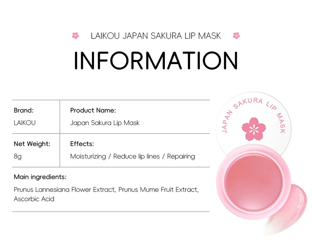 8g LAIKOU Sakura Lip Sleeping Mask Hydrating Moisture Nutriousing Wrinkle Smoothing Dryness Lip Mask Korean Cosmetics Skin Care