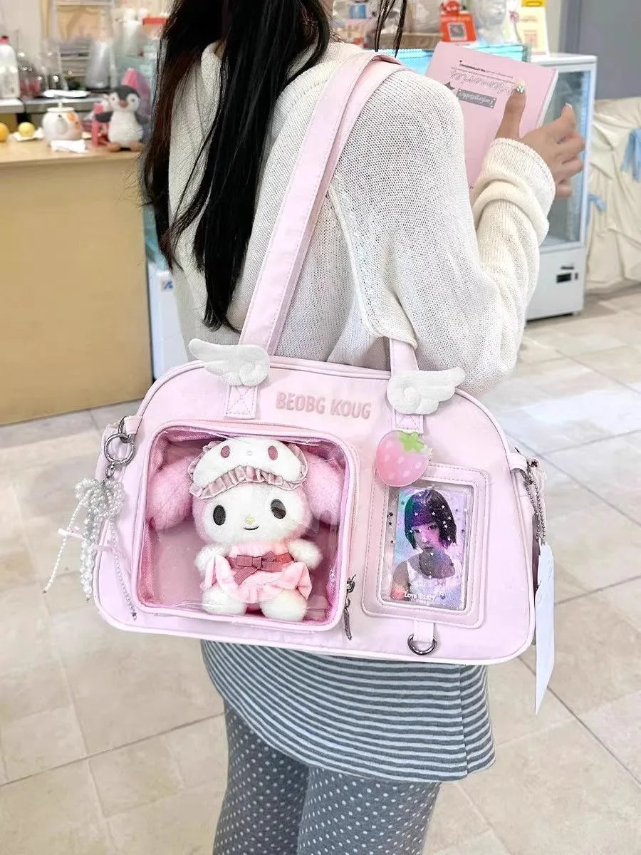 Japanese-Style INS Minimalist Solid-Color Fashion Shoulder Bag, Polka-Dot Wing-Decorated Cute Ita Bag (Shoulder & Crossbody)