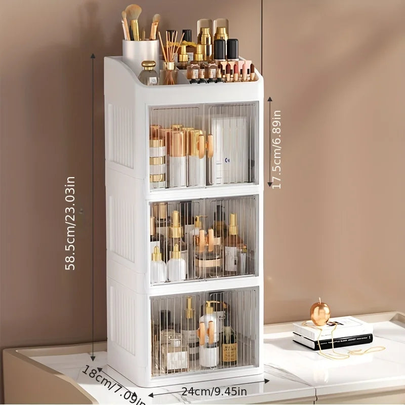 3 to 4-Tier Foldable Makeup Organizer with Drawer Function— Provides Spacious Storage for Cosmetics, Jewelry, Perfume, Lipstick, Makeup Brushes, Stationery, and Bathroom Supplies— Easy to Assemble, Compact Design Suitable