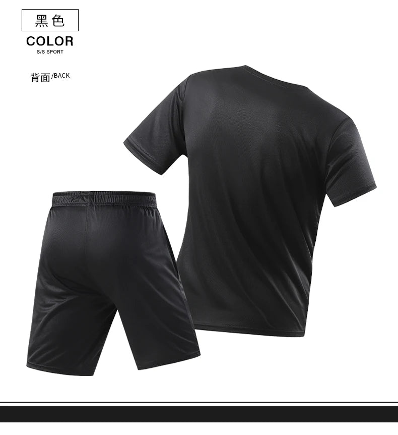 Mens Fitness Tracksuit Set Summer Casual Sporting Male Quick-Drying Short-Sleeved Tops+Shorts Sweatsuit 2 Piece Set Track Suit