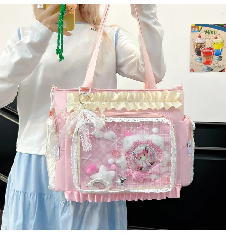 Y2K Sweet Ita Bag for Women Transparent Crossbody Shoulder Bag Large Capacity Lace Tote Bag Cute DIY Display Handbag