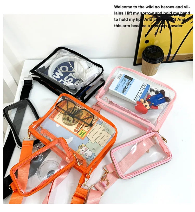 PVC Transparent Shoulder Bag 2 IN 1 Adjustable Shoulder Straps Casual Clear Crossbody Bag Fashion Couple Bag for Boys & Girls