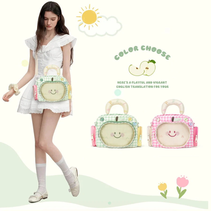 Kabaqoo Cute Apple Ita Bag For Women Y2K Versatile Crossbody Bag PU Leather Shoulder Bag Handbag with Mesh Insert Pad Sweet Handbag Backpack