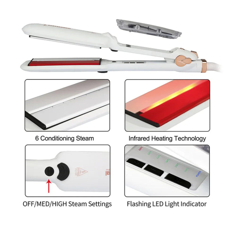 Professional Steam Hair Straightener Infrared Care Ceramic Coated 2 Inch Wide Plates for Salon Straightening Styling
