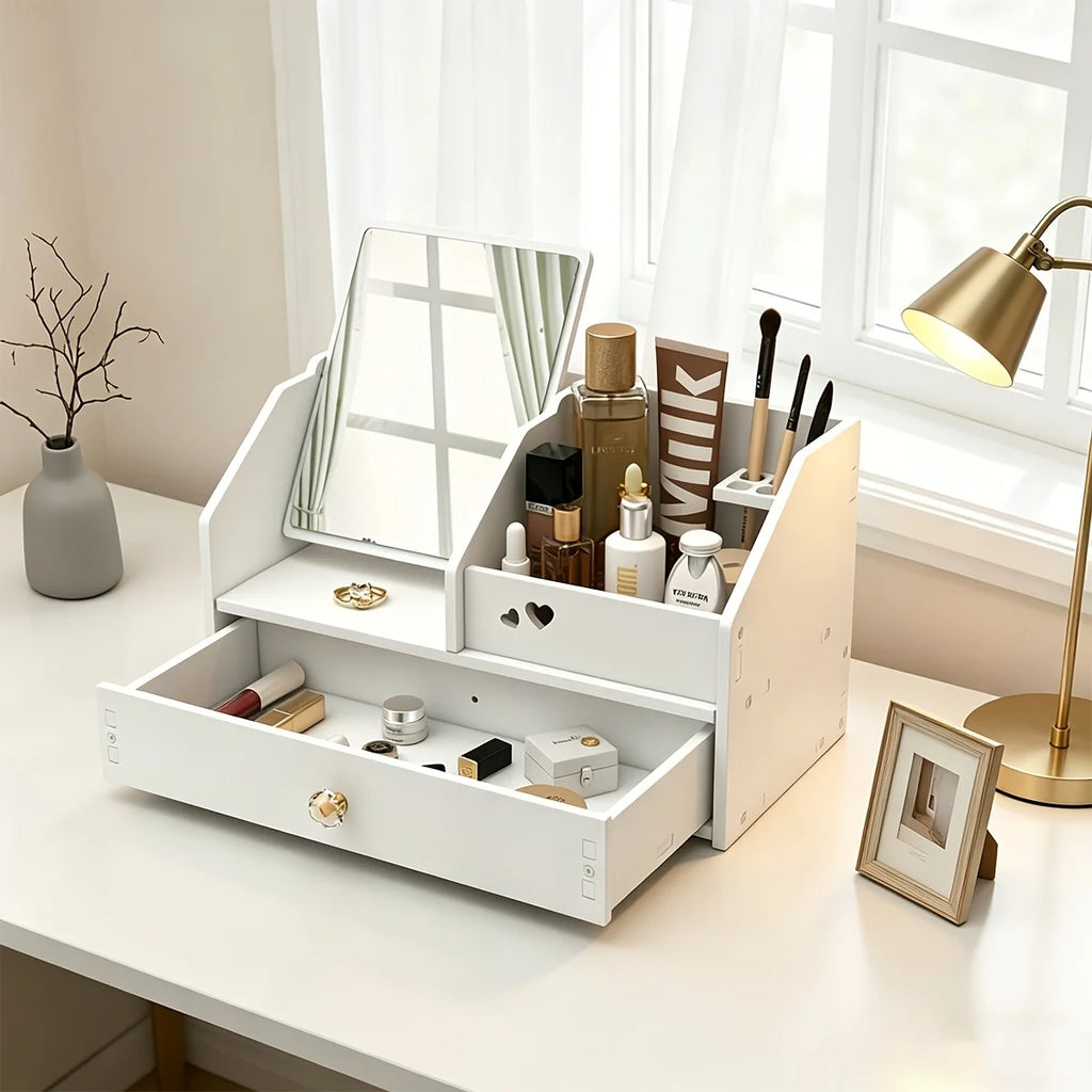 White Makeup Organizer with Mirror & Drawer, Multi-Compartment Cosmetic Storage for Vanity