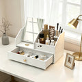 White Makeup Organizer with Mirror & Drawer, Multi-Compartment Cosmetic Storage for Vanity