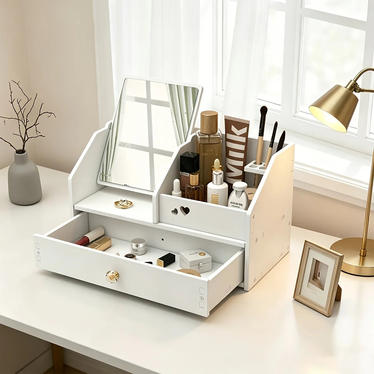 White Makeup Organizer with Mirror & Drawer, Multi-Compartment Cosmetic Storage for Vanity