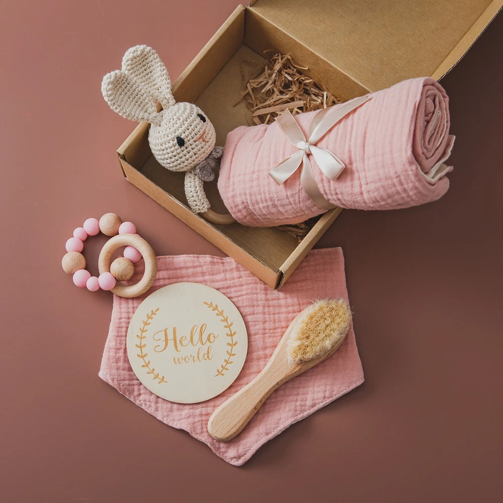 Double-sided Cotton Bath Towel Baby Bath Set Gift Box Wooden Wool Brush, Cartoon Rabbit Crochet Bell Baby Milestone Photo Props