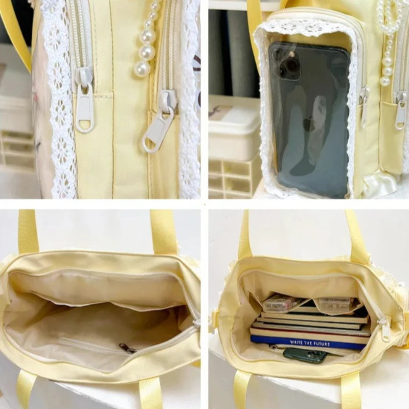 Y2K Sweet Ita Bag for Women Transparent Crossbody Shoulder Bag Large Capacity Lace Tote Bag Cute DIY Display Handbag