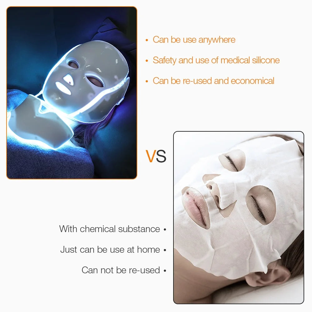 LED Facial Mask with Neck 7 Colors Light Therapy Red Light Facial Mask for Anti-Aging Photon Therapy Whitening Tightening