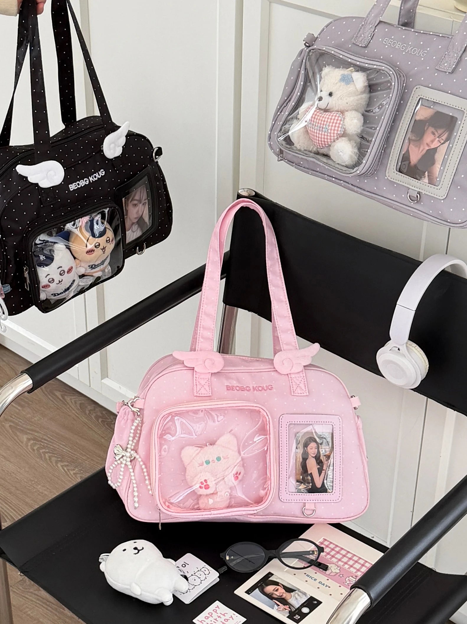 Japanese-Style INS Minimalist Solid-Color Fashion Shoulder Bag, Polka-Dot Wing-Decorated Cute Ita Bag (Shoulder & Crossbody)
