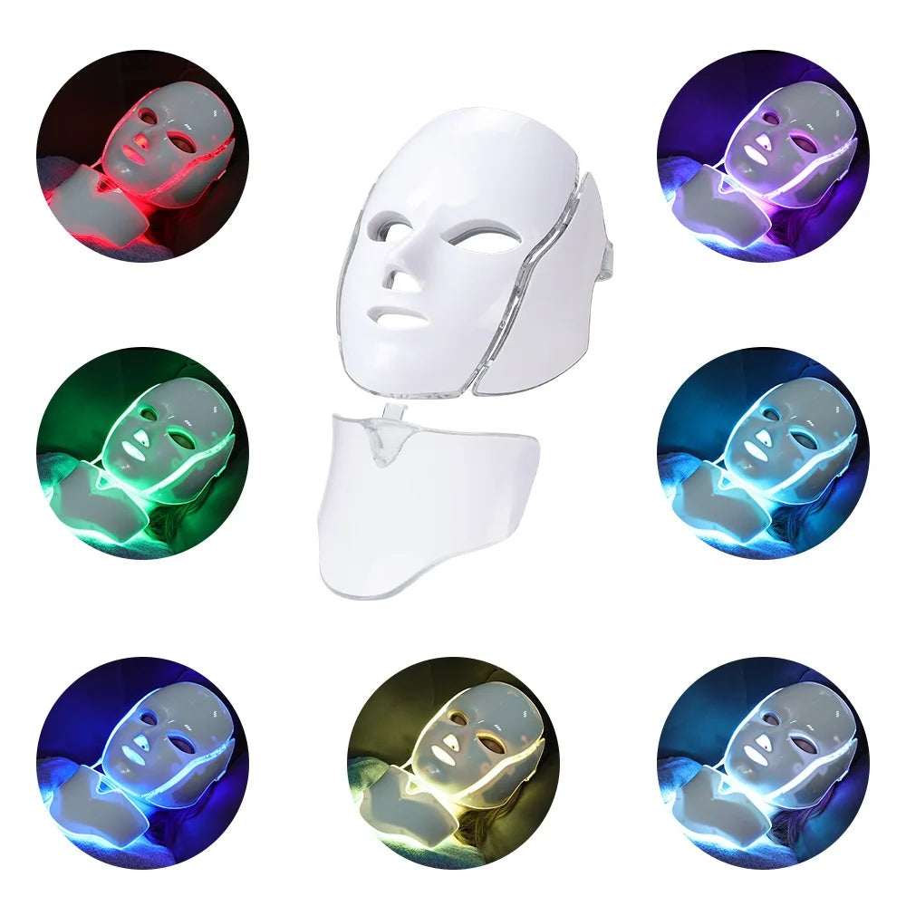 LED Facial Mask with Neck 7 Colors Light Therapy Red Light Facial Mask for Anti-Aging Photon Therapy Whitening Tightening