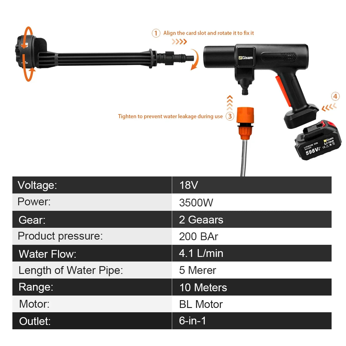 Gisam 200Bar Brushless Electric High Pressure Washer 6IN1 Car Wash Water Gun Garden Spray Gun Power Tool for Makita 18V Battery