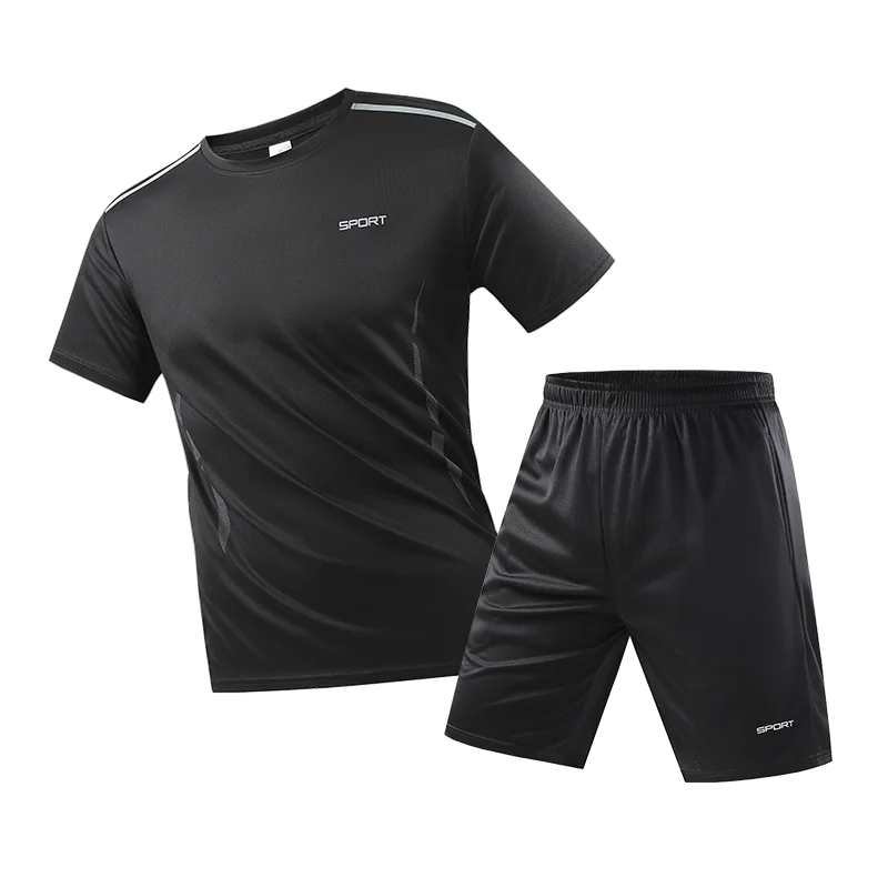 Mens Fitness Tracksuit Set Summer Casual Sporting Male Quick-Drying Short-Sleeved Tops+Shorts Sweatsuit 2 Piece Set Track Suit