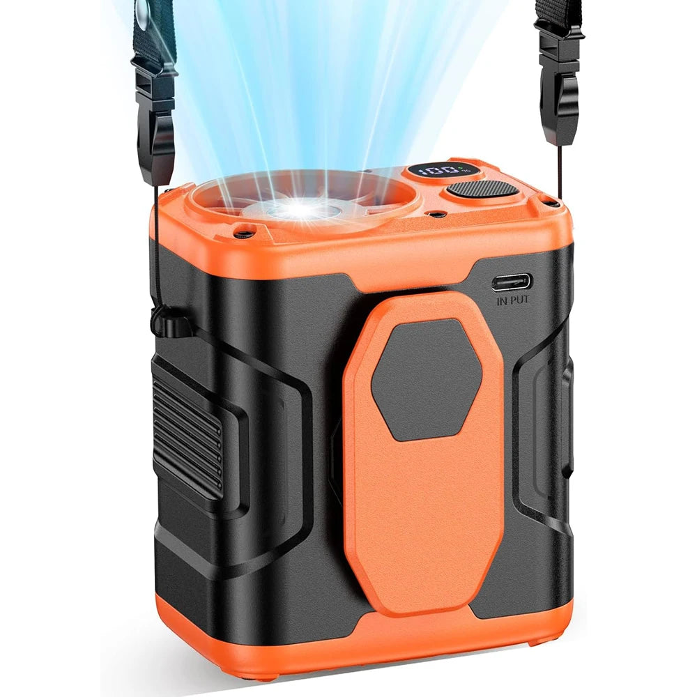 10000mAh Portable Waist Fan with Power Bank LED Lighting Hanging Neck Fan 5 Speed Strong Airflow Cooling Fan for Outdoor Working