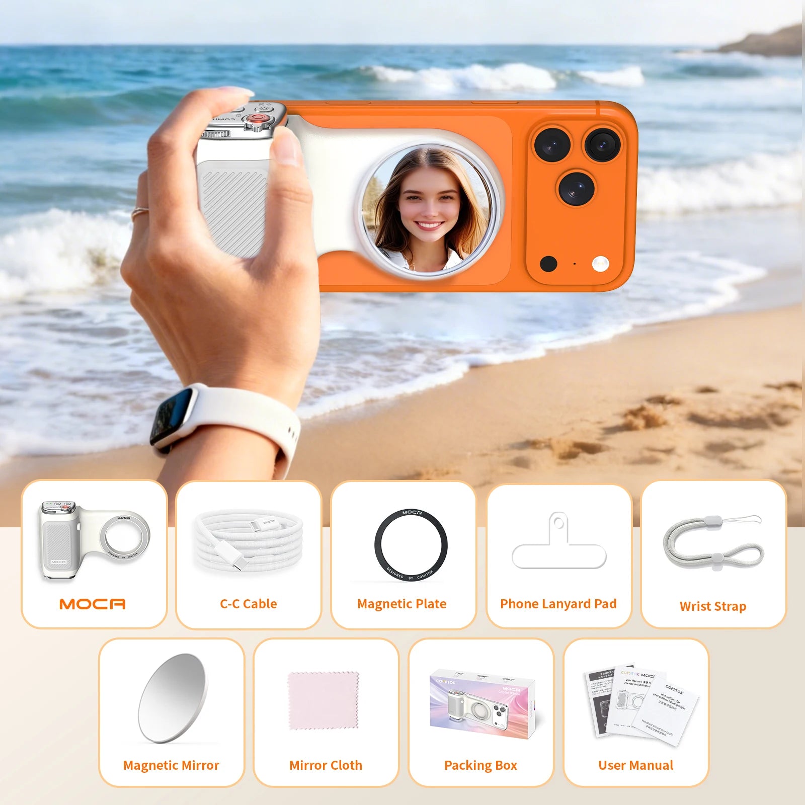 COMITOK MOCA iPhone Wireless Selfie Booster, with Focus Lock/DSLR Shutter,Rechargeable Remote Control+Optional Mirror/Fill Light
