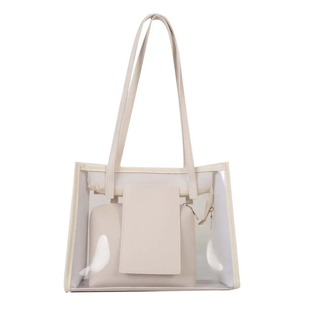 2pcs/set Elegant Transparent Jelly Bag Large Capacity Candy Color PVC Composite Tote Bags Storage Pouch PU Leather Handbag Women