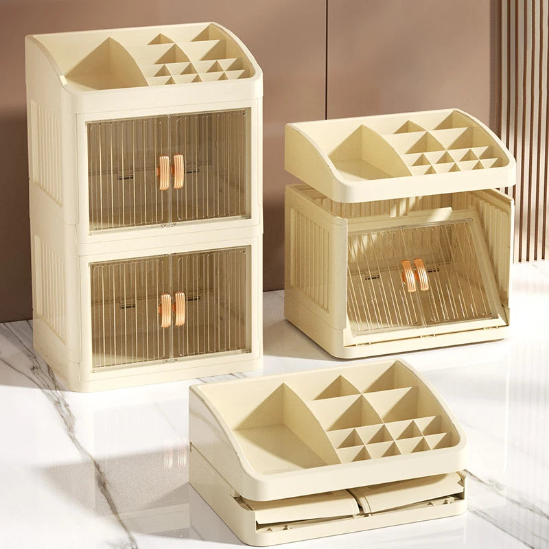 3 to 4-Tier Foldable Makeup Organizer with Drawer Function— Provides Spacious Storage for Cosmetics, Jewelry, Perfume, Lipstick, Makeup Brushes, Stationery, and Bathroom Supplies— Easy to Assemble, Compact Design Suitable