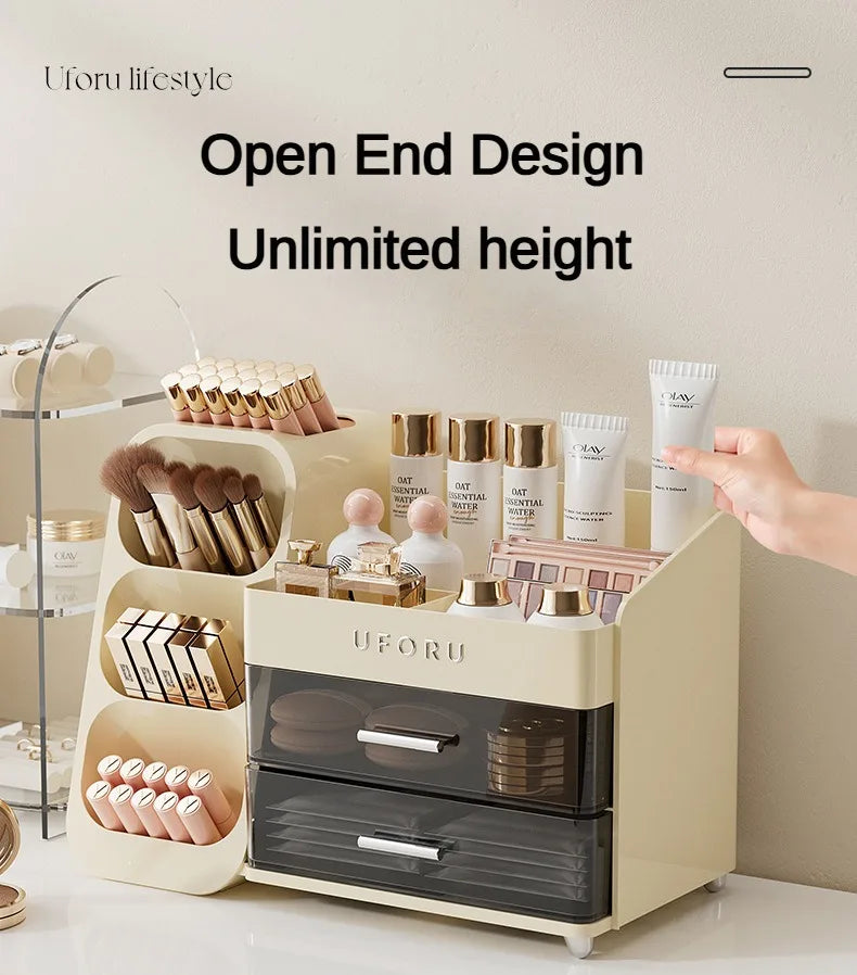 2 Drawers Makeup Organizer with Brush Holder Spacious Vanity Countertop Case for Skincare Perfumes Eyeshadow Palettes