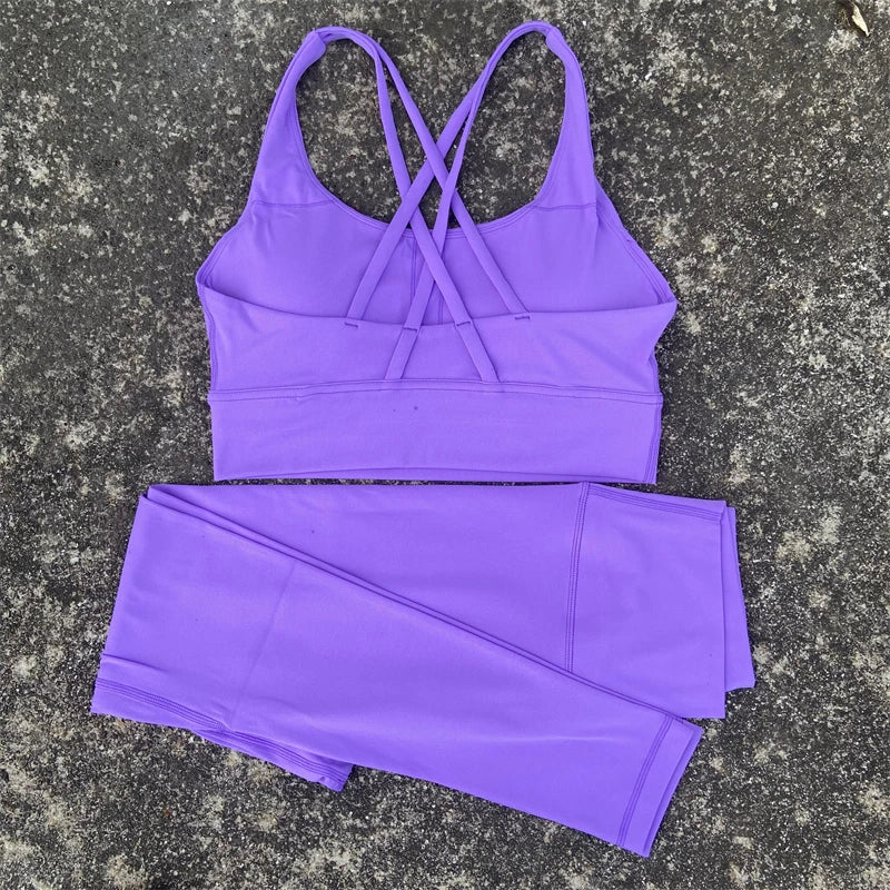 Yoga Set Gym Sports Set 2 Piece Women Workout Outfit Fitness Suit Cross Straps Bra Top And High Waist Leggings Running Tracksuit