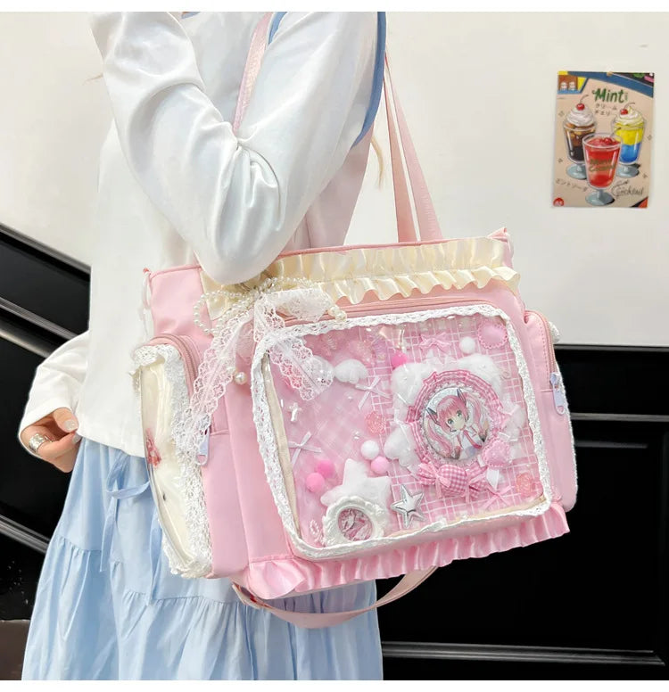 Y2K Sweet Ita Bag for Women Transparent Crossbody Shoulder Bag Large Capacity Lace Tote Bag Cute DIY Display Handbag