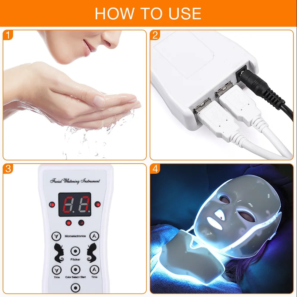 LED Facial Mask with Neck 7 Colors Light Therapy Red Light Facial Mask for Anti-Aging Photon Therapy Whitening Tightening