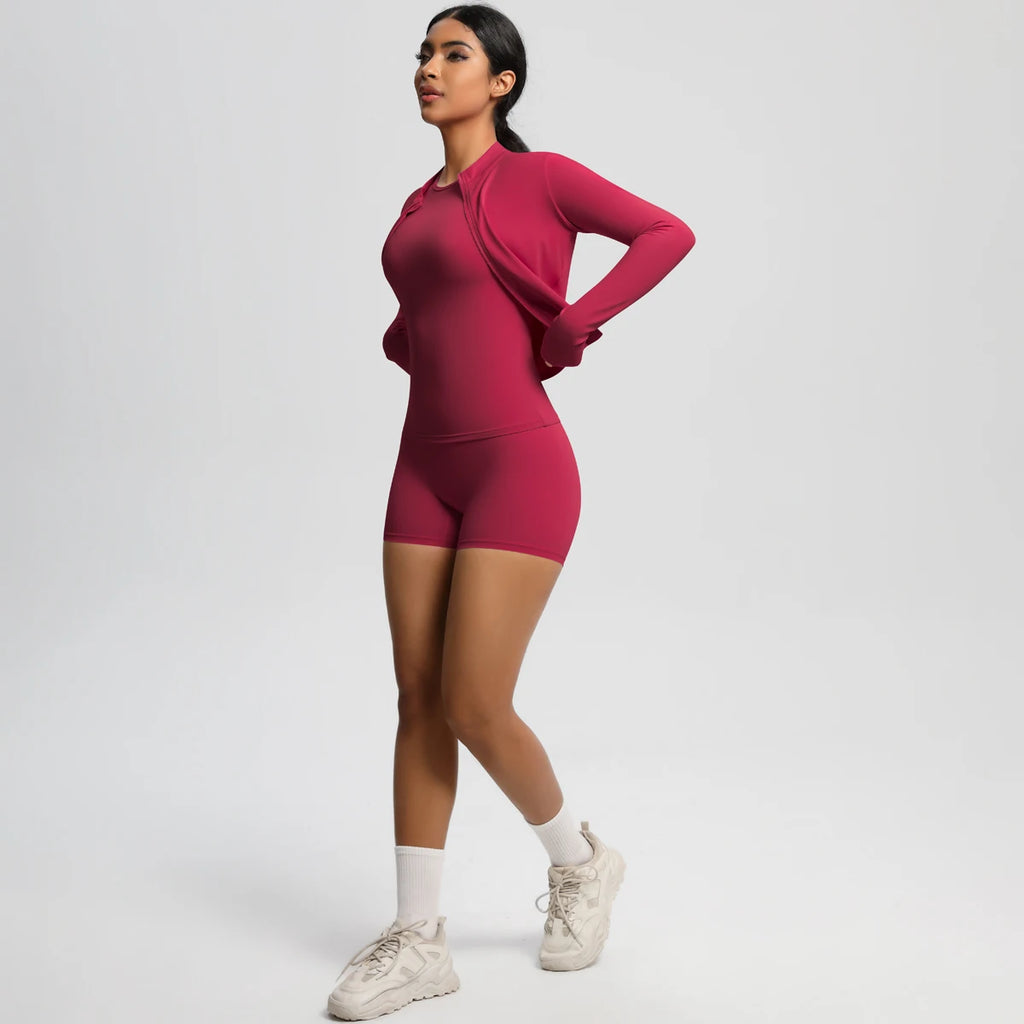 3PCS/set Sports Fitness Clothing Yoga Set Sports Running Long Sleeves Zipper Jacket High Waist Quick-Dry Shorts Gym Yoga Set