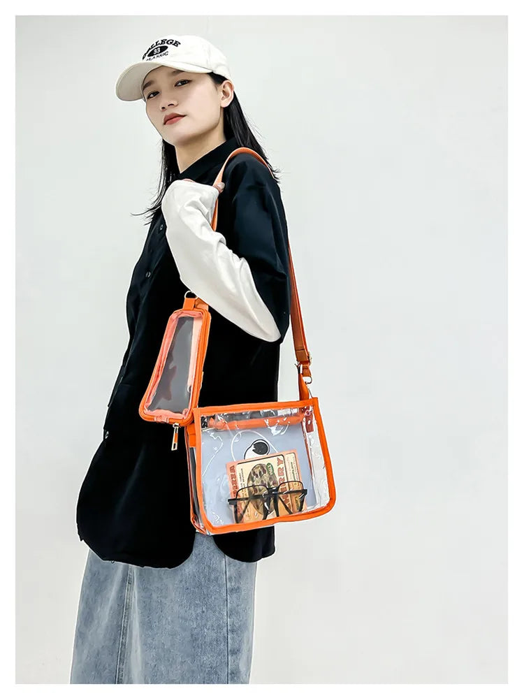 PVC Transparent Shoulder Bag 2 IN 1 Adjustable Shoulder Straps Casual Clear Crossbody Bag Fashion Couple Bag for Boys & Girls