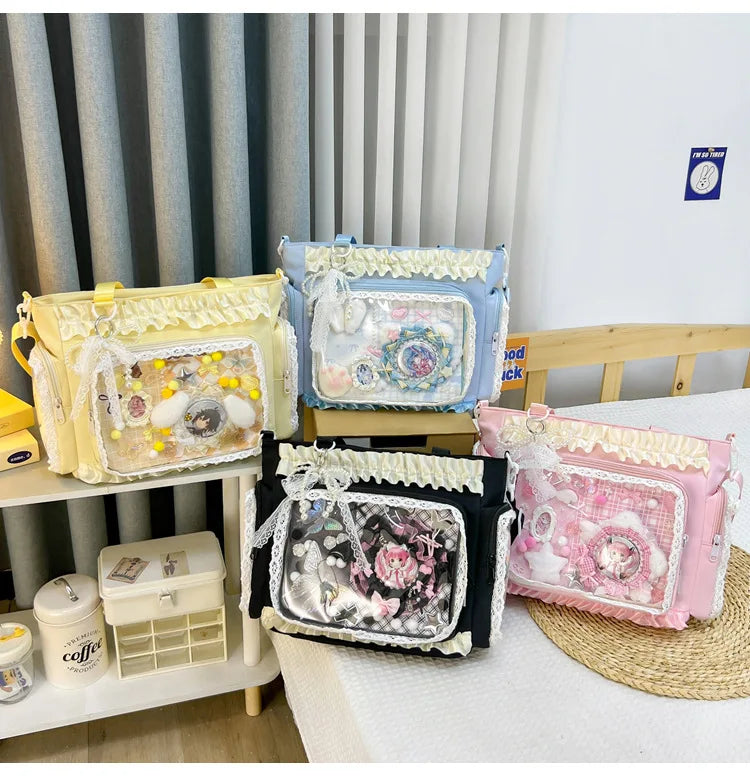 Y2K Sweet Ita Bag for Women Transparent Crossbody Shoulder Bag Large Capacity Lace Tote Bag Cute DIY Display Handbag