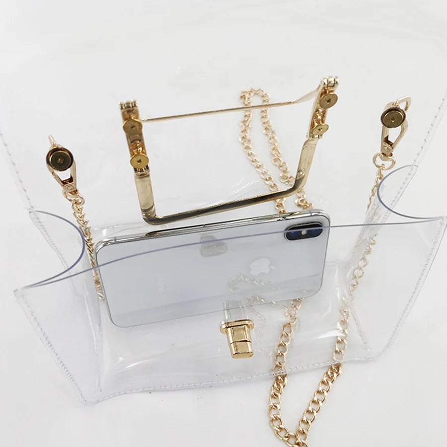 Summer jelly transparent pvc bag clear metal handle small square bag waterproof design chains flap shoulder crossbody bag beach